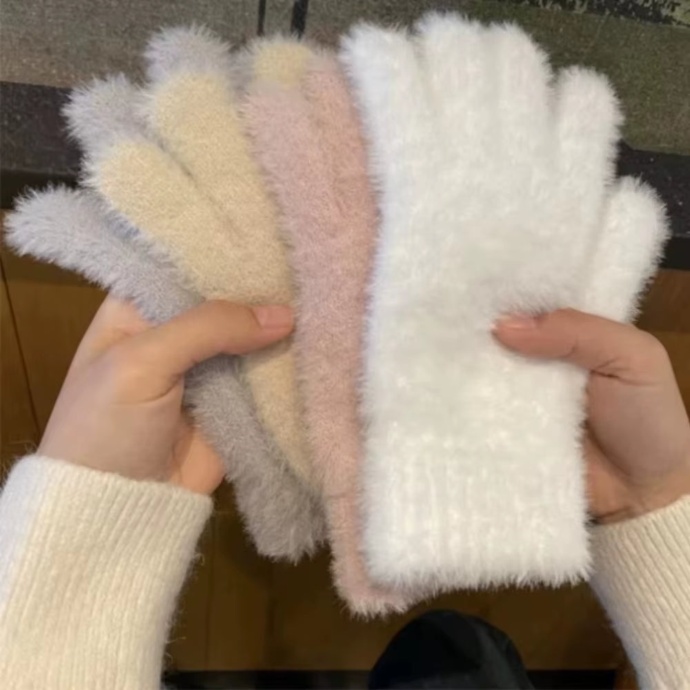 Lovely Coral Velvet Fingerless Warm Furry Gloves Women Men Korean Style Winter Snow Versatile Plush Thickened Cold-Proof Gloves