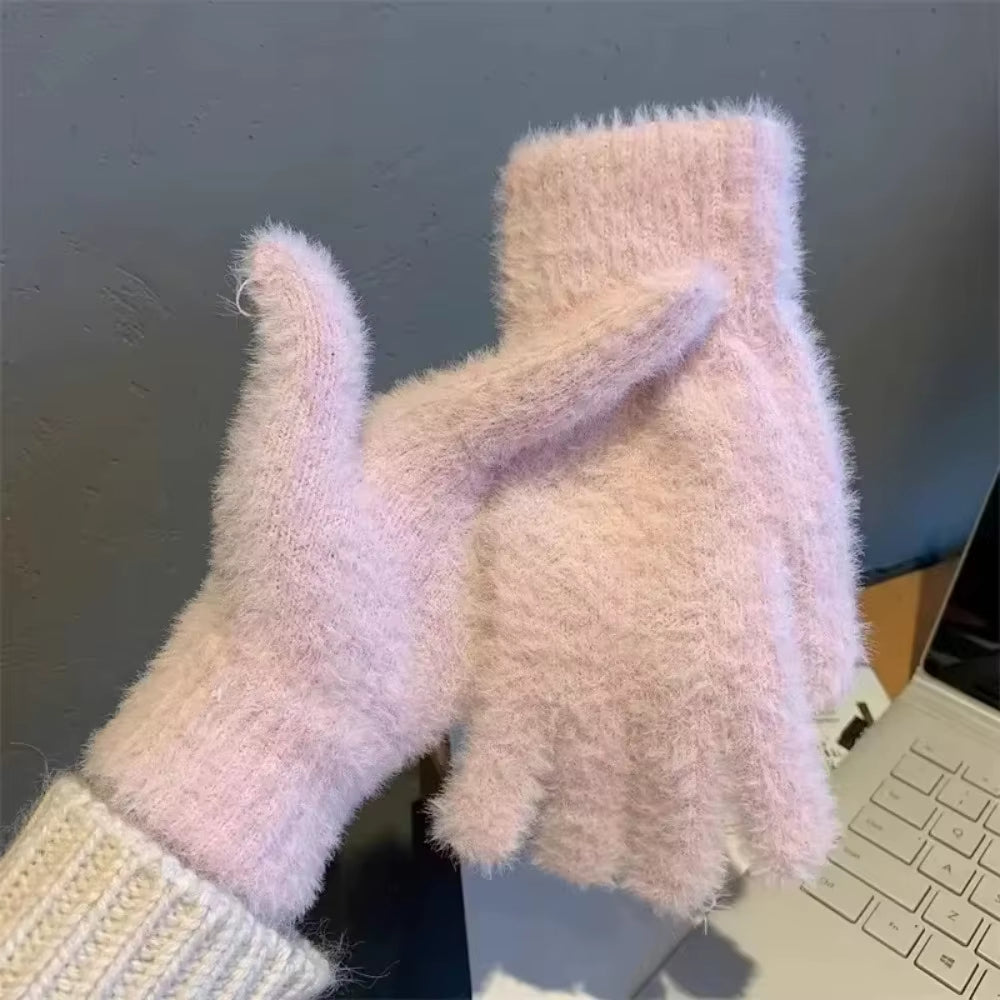 Lovely Coral Velvet Fingerless Warm Furry Gloves Women Men Korean Style Winter Snow Versatile Plush Thickened Cold-Proof Gloves