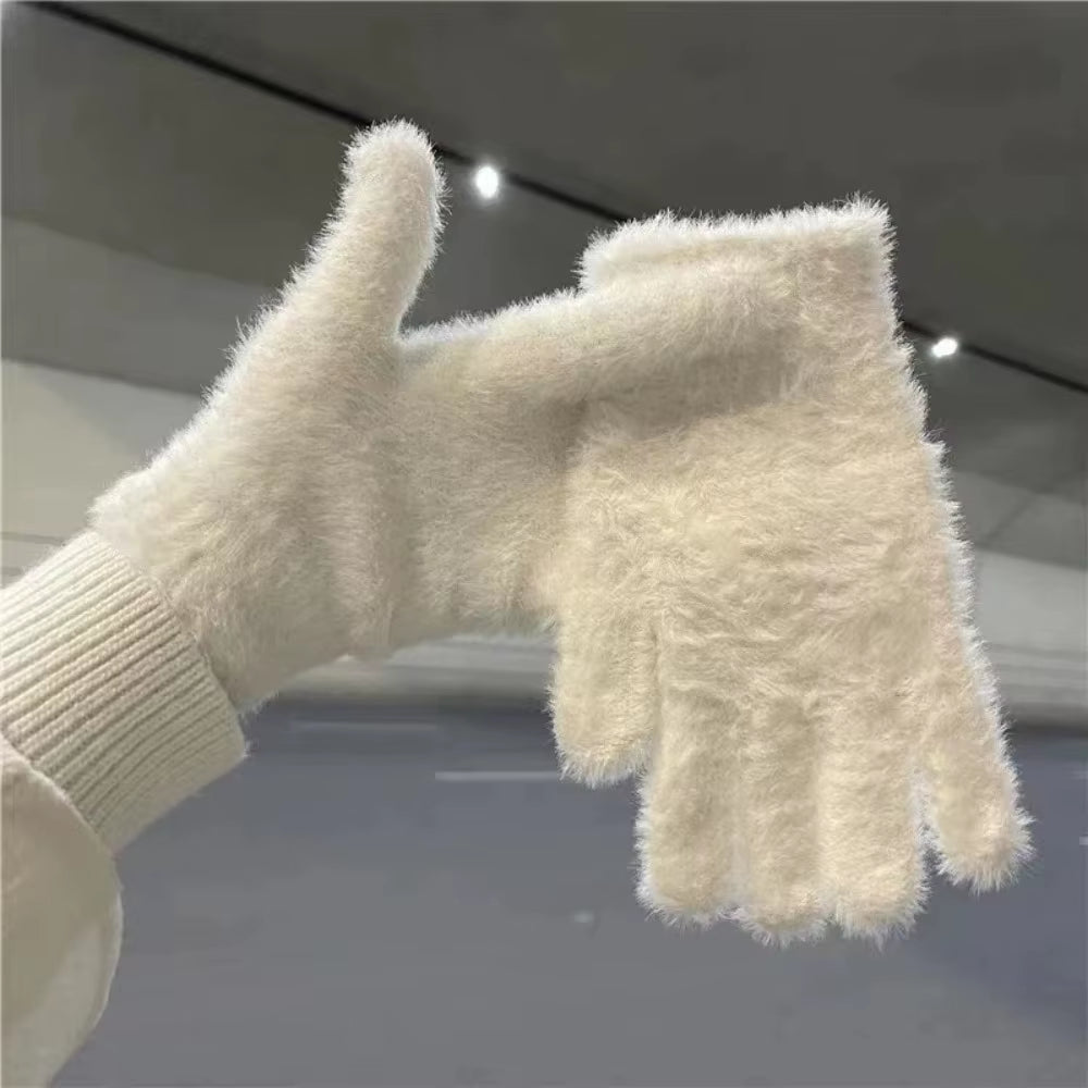 Lovely Coral Velvet Fingerless Warm Furry Gloves Women Men Korean Style Winter Snow Versatile Plush Thickened Cold-Proof Gloves