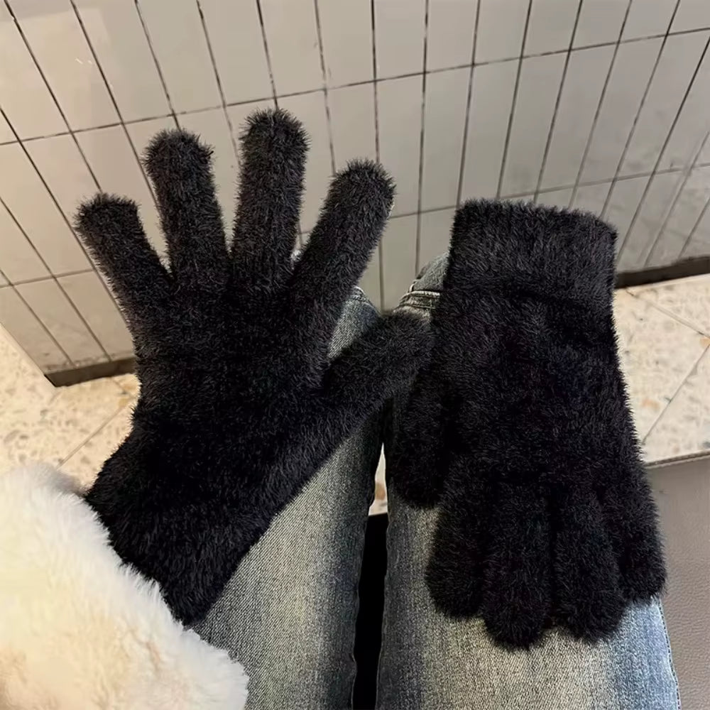 Lovely Coral Velvet Fingerless Warm Furry Gloves Women Men Korean Style Winter Snow Versatile Plush Thickened Cold-Proof Gloves