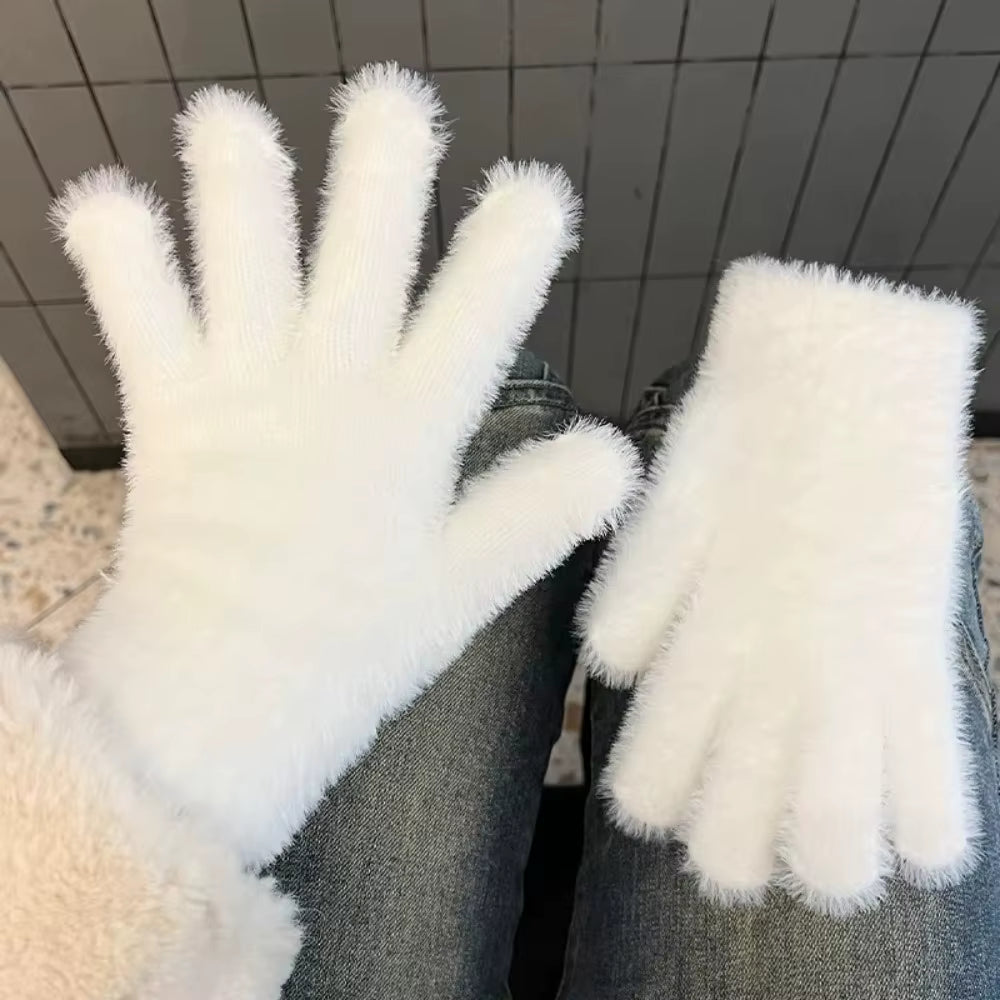 Lovely Coral Velvet Fingerless Warm Furry Gloves Women Men Korean Style Winter Snow Versatile Plush Thickened Cold-Proof Gloves