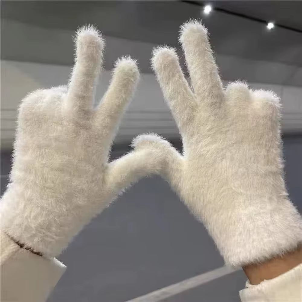 Lovely Coral Velvet Fingerless Warm Furry Gloves Women Men Korean Style Winter Snow Versatile Plush Thickened Cold-Proof Gloves